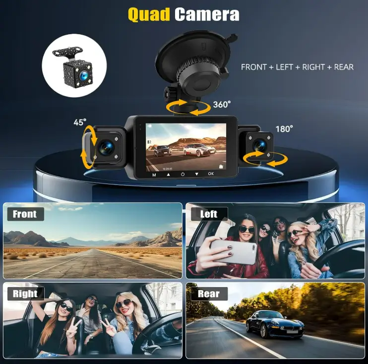 Four-channel dash cam with front, rear, left and right camera views around its screen