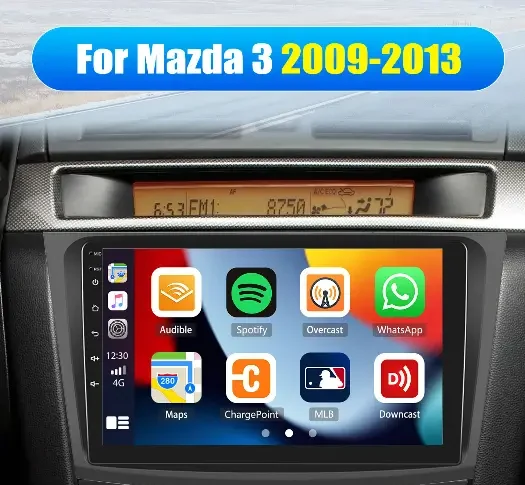 Android head unit with CarPlay apps installed in a Mazda 3 dashboard