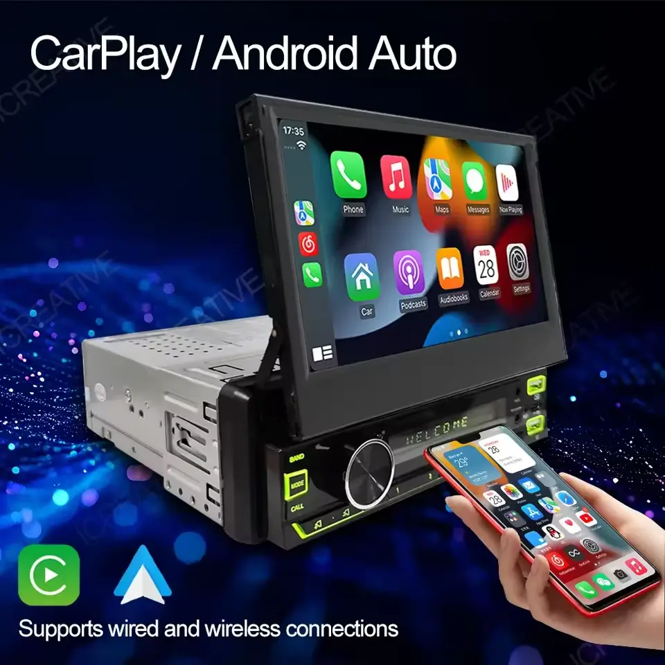 Single DIN flip-out touch screen showing CarPlay apps next to a smartphone