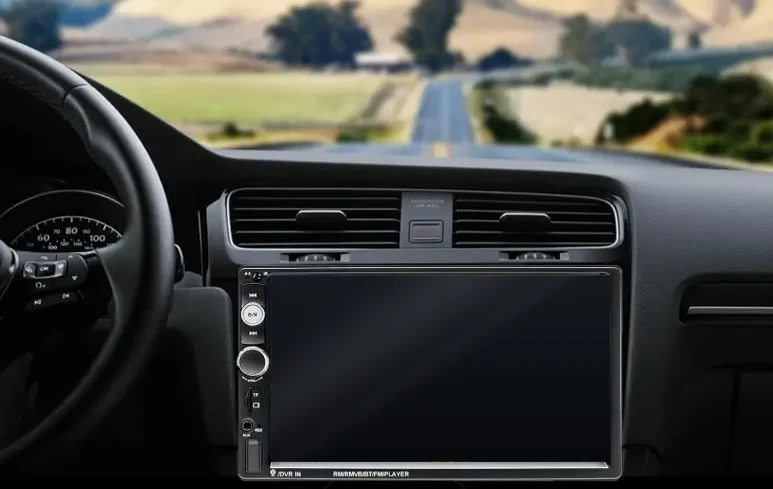 AMprime double DIN car stereo in a dashboard showing the backup camera view with colored parking guidelines