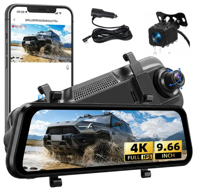 4K Mirror Dash Cam 9.66" Rear View Mirror Front and Rear View Dual Cameras