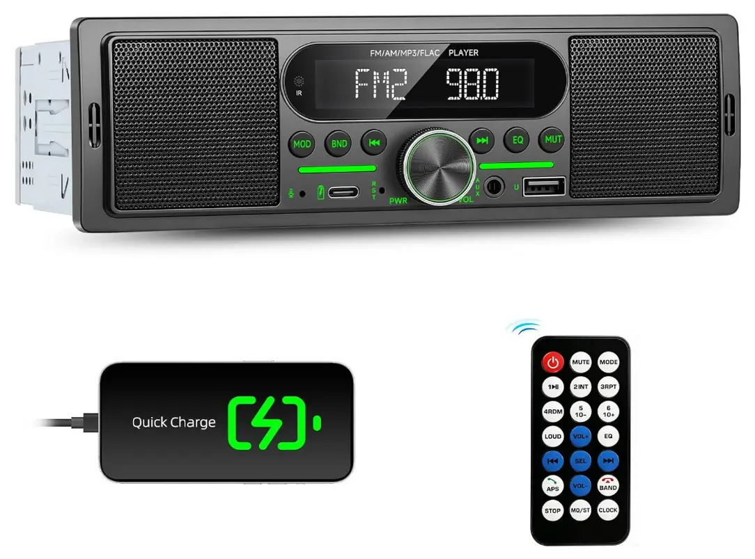 Single Din Car Stereo Radio Bluetooth Multimedia Car Audio Receivers with Digital LCD Display AM/FM Car Radio Dual USB/Type-C/AUX-in MP3 Player Lossless Sound Quality Quick Charge+ Remote