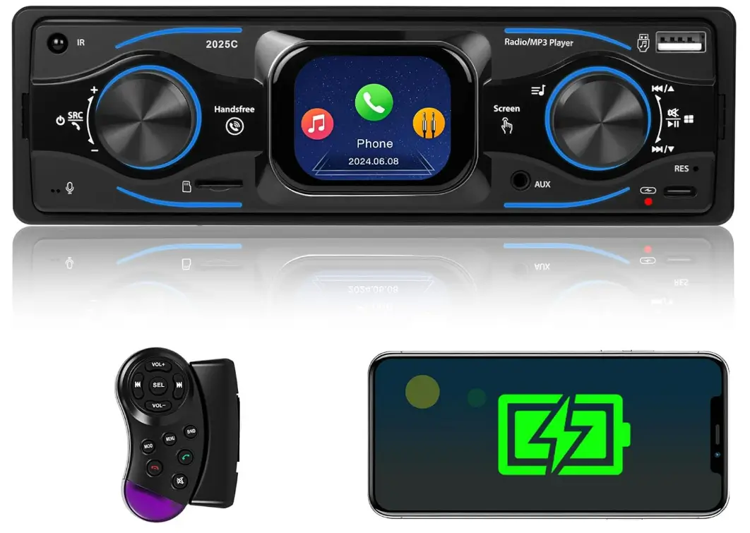Single Din Car Stereo Marine Radio Bluetooth Multimedia Car Audio Receivers with Digital LCD Display FM Car Radio USB/Type-C/SD/AUX-in MP3 Player Lossless Sound Quality Quick Charge+ SWC